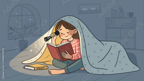 Girl reading book under blanket with flashlight in cozy room at night feeling happy and relaxed