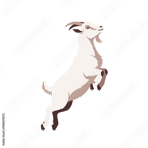Energetic White Goat Leaping Mid-Air, Playful Farm Animal Illustration