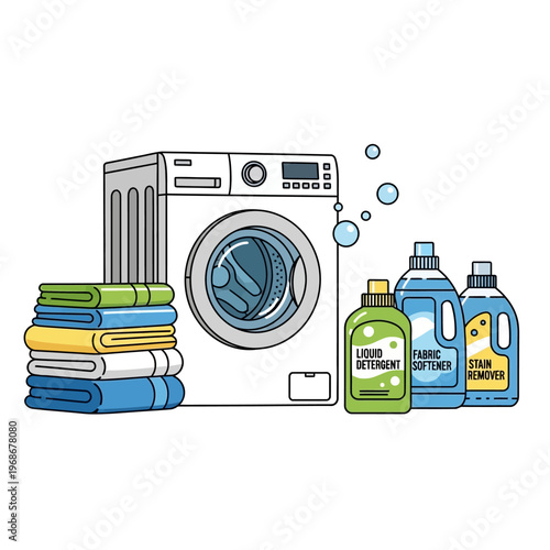 Washing Machine with Stacked Towels and Laundry Detergent Bottles