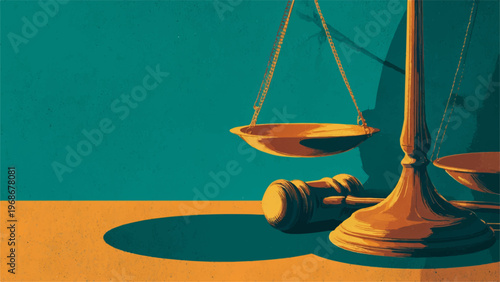 Justice, law, scales, gavel, legal, vector, illustration, teal, gold
