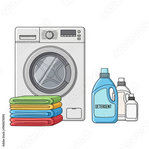 Washing Machine, Detergent Bottles, and Stacked Clean Laundry on White Background