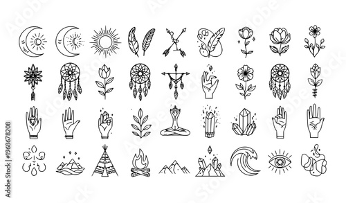 A collection of mystical and spiritual icons in a minimalist line art style