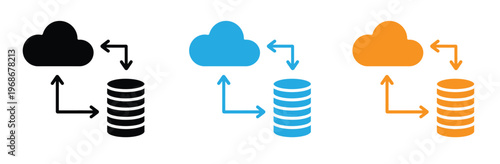 Cloud storage icons in black, Blue, And orange, Depicting data transfer and synchronization between clouds and servers