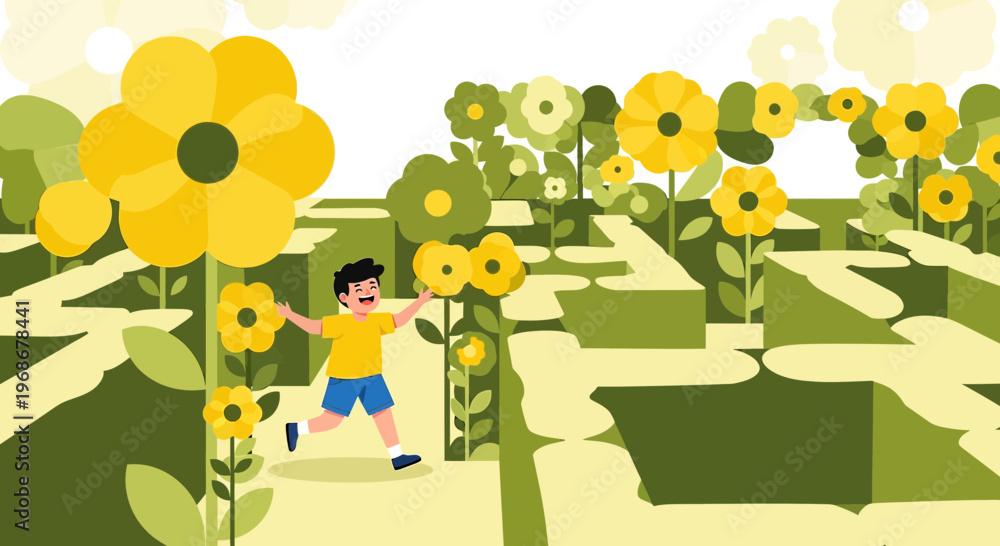 Obraz premium Joyful Boy Running Through a Whimsical Yellow Flower Maze