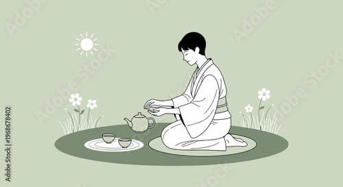 Japanese Woman Performing Tea Ceremony Outdoors in Nature