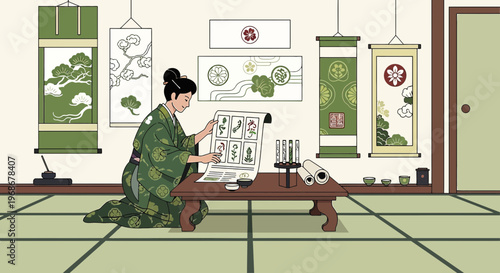 Japanese Woman in Kimono Studying Scrolls in Traditional Room