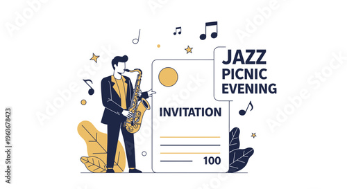 Jazz Picnic Evening Invitation Card with Saxophone Player and Music Notes