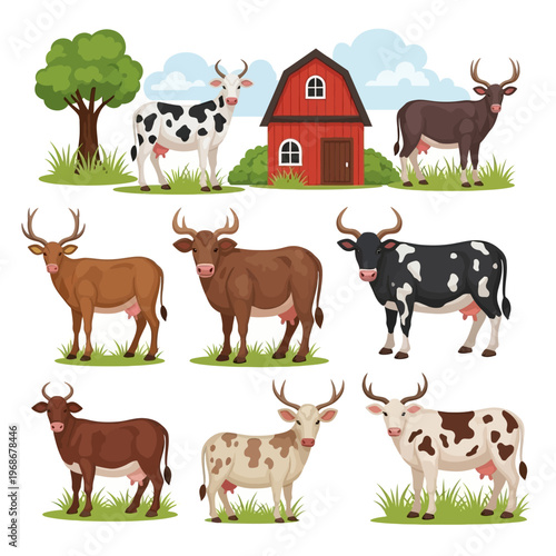 Farm Animals: Diverse Cow Breeds and Barn Set, Rural Landscape, Livestock