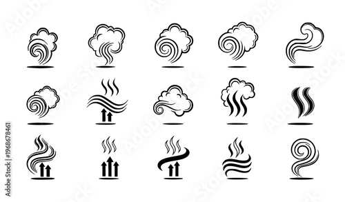 A set of black and white vector icons depicting various weather and wind conditions