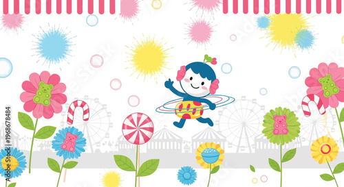 Joyful Child Hula Hooping at Carnival with Candy and Flowers