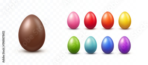Colorful egg set isolated on transparent background. Realistic 3d food products. Vector Easter holiday celebration elements