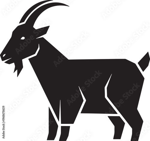 Goat Silhouette Vector - Geometric Black Farm Animal with Curved Horns and Beard

