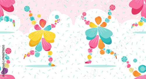 Joyful Dancers - Colorful Petal Figures with Abstract Shapes & Pink Clouds