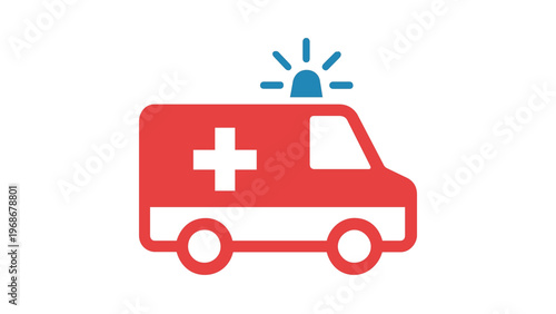 Red and White Ambulance Emergency Medical Vehicle Vector Icon Illustration with Blue Siren and Cross Symbol, Minimalist Flat Design for Healthcare, First Aid, Rescue, and Hospital Services.