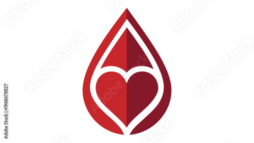 Professional red blood drop vector icon featuring a heart shape inside, symbolizing blood donation, cardiology, and medical healthcare. Minimalist flat design illustration for health apps.