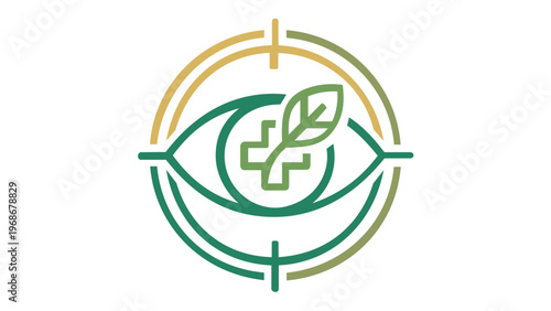Minimalist vector icon illustration of a human eye combined with a medical cross and a natural leaf inside a target reticle, symbolizing holistic ophthalmology, herbal eye health, and vision care