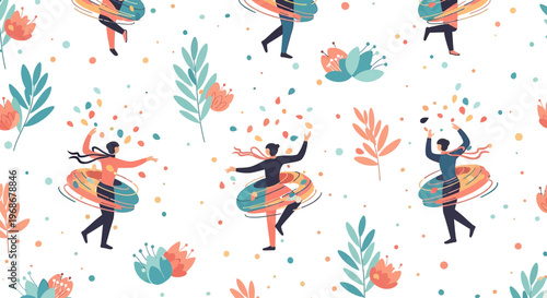 Joyful People Dancing with Hula Hoops and Confetti - Seamless Pattern