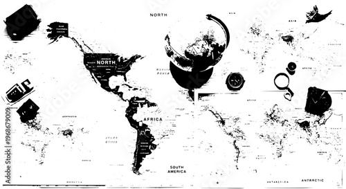 Map world vintage with travel icons and grunge texture featuring geography, countries, continents with north and south elements for america, africa