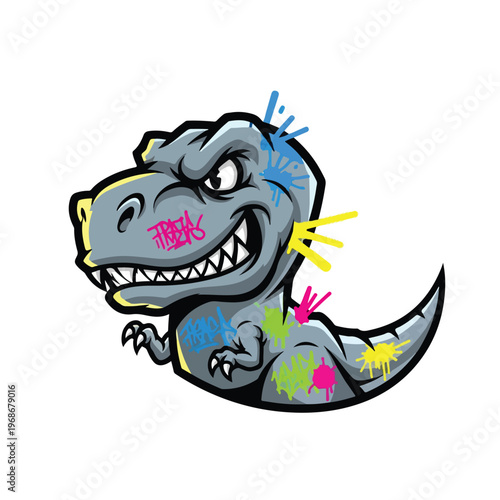 A stylized, angry T-Rex mascot with spray paint splatters and graffiti elements, conveying an aggressive, energetic mood against a clean white background, perfect for esports