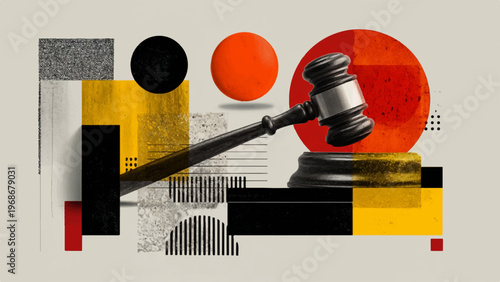 Geometric, abstract gavel icon, law symbol, judicial concept, colorful shapes