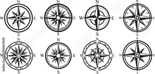 Compass roses showing different styles and line orientations Vector