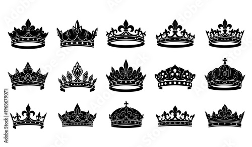 A set of black crown silhouettes in various designs and styles