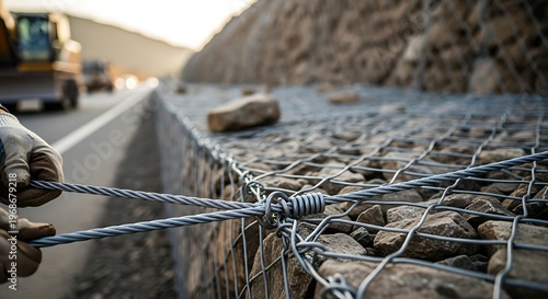 Construction worker securing wire mesh gabion structure.