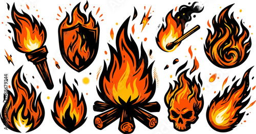 Bold Fire Icons and Flame Elements Black Silhouette Orange Accent Vector