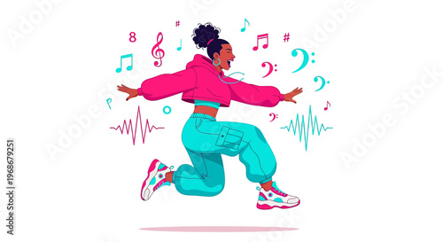 Joyful Woman Dancing to Music Notes and Sound Waves