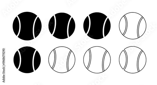 Tennis balls set with black and white colors and different orientations featuring sports, ball, collection with vector and outline elements for icon,