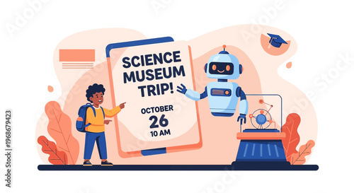 Kid's Science Museum Trip with Robot and Exhibit - Vector Illustration