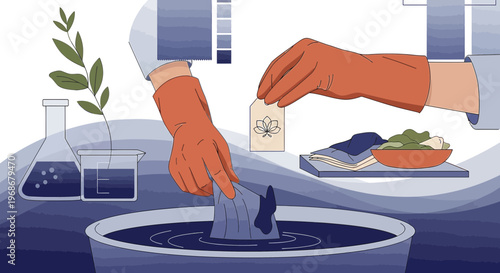 Lab Technician Dyeing Fabric with Natural Plant Extract in Science Experiment