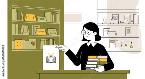 Librarian Woman Holding Book and Showing Open Book Illustration