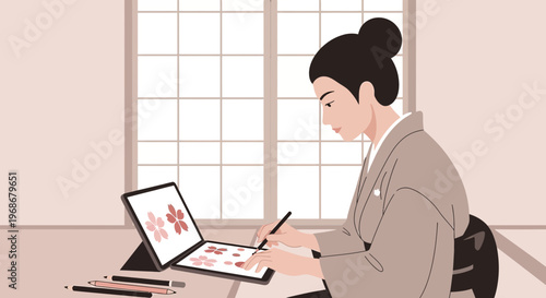 Japanese Artist in Kimono Drawing Flowers on Tablet