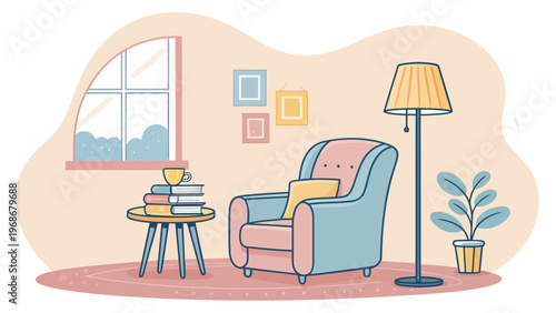 Cozy reading nook with pastel colored armchair floor lamp and side table by window