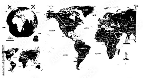 World map graphic with continents and travel icons like airplanes, globe, and luggage. featuring global, countries, geography with cartography and