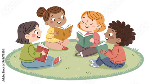Diverse group of children sitting in circle reading books together outdoors on grass