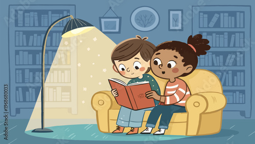 Two diverse kids reading together on a couch discussing a book under a lamp in a cozy living room with bookshelves