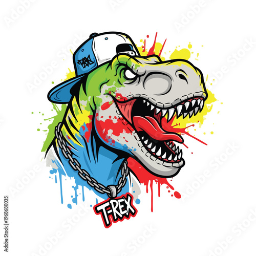 A fierce T-Rex mascot with a backward baseball cap and large silver chain, painted with vibrant, splattered colors, conveying an energetic, competitive esports vibe