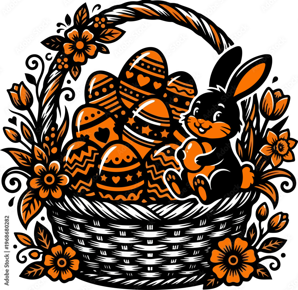 Obraz premium Easter Egg Basket with Bunny and Flowers Black Silhouette Orange Accent Vector