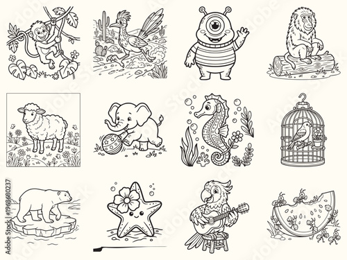 Detailed giant squid swimming in deep sea for marine animal coloring page vector illustration for ocean life enthusiasts