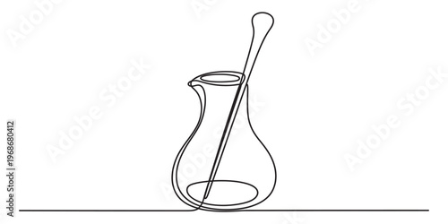 A continuous line drawing of a simple glass pitcher with a long stirring spoon inside the vessel Vector, illustration