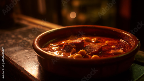 A traditional Spanish stew of beef tripe, chorizo, and chickpeas served in a classic terracotta cazuela under warm lighting.