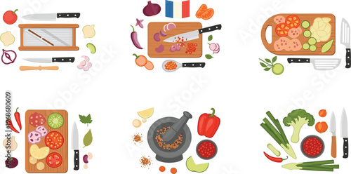 Cooking Preparation and Kitchen Tools Icon Set Featuring Cutting Boards, Knives, Vegetables, Spices, French Cuisine Ingredients, and Food Preparation Elements