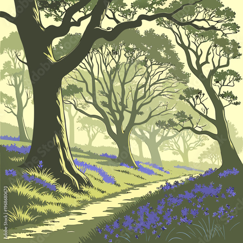 A sun-drenched ancient forest with towering oak trees and a floor covered in bluebells. 1