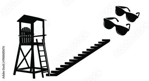 Silhouette of a dog on a beach with tower and ladder vector illustration