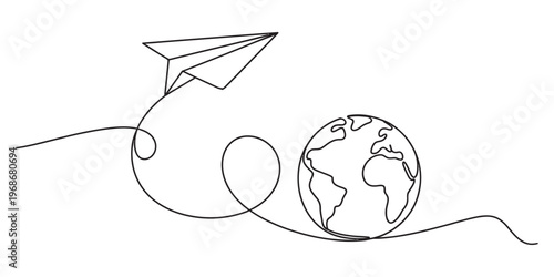 A continuous line drawing of a paper airplane flying around the globe for global travel concept. Vector, illustration