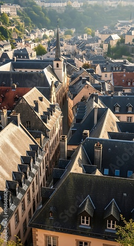 Aerial view of a charming European town with rooftops and a church.