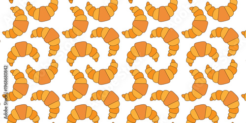 Seamless pattern of croissants on pastel background, cute bakery theme, cartoon style, repeating food texture design
