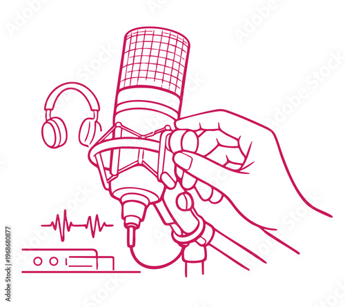 Podcast recording hand adjusting microphone minimal line art illustration for audio content creators streaming media production